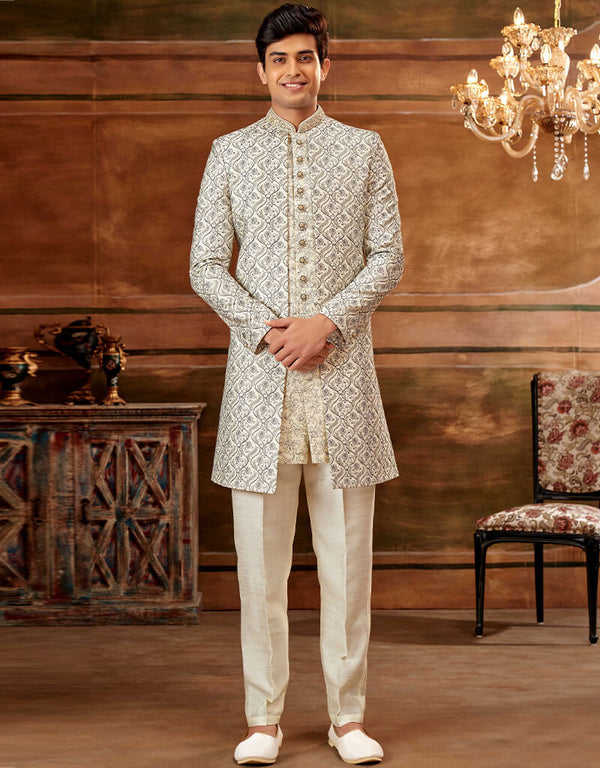 Cream and Blue Kurta Art Embroidered Banarasi Silk Aligadhi Pant