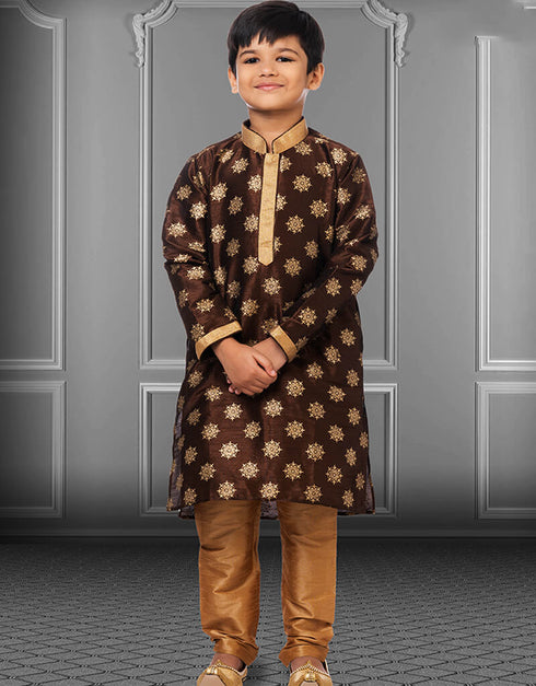 Brown Kurta Pajama Printed Dhupion Silk