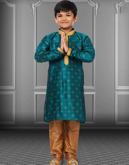 Rama Blue Kurta Pajama Printed Dhupion Silk