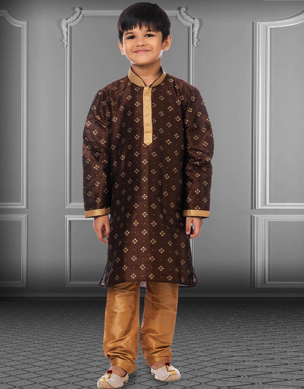 Brown Kurta Pajama Printed Dhupion Silk