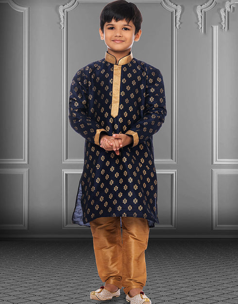 Navy Blue Kurta Pajama Printed Dhupion Silk