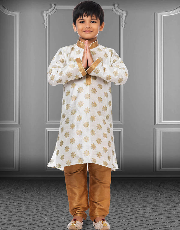 White Kurta Pajama Printed Dhupion Silk