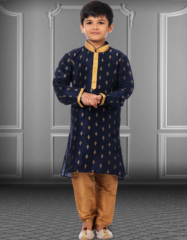 Navy Blue Kurta Pajama Printed Dhupion Silk