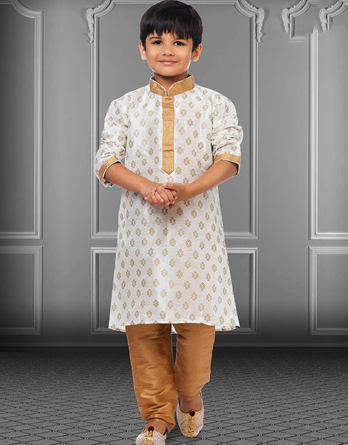 White Kurta Pajama Printed Dhupion Silk
