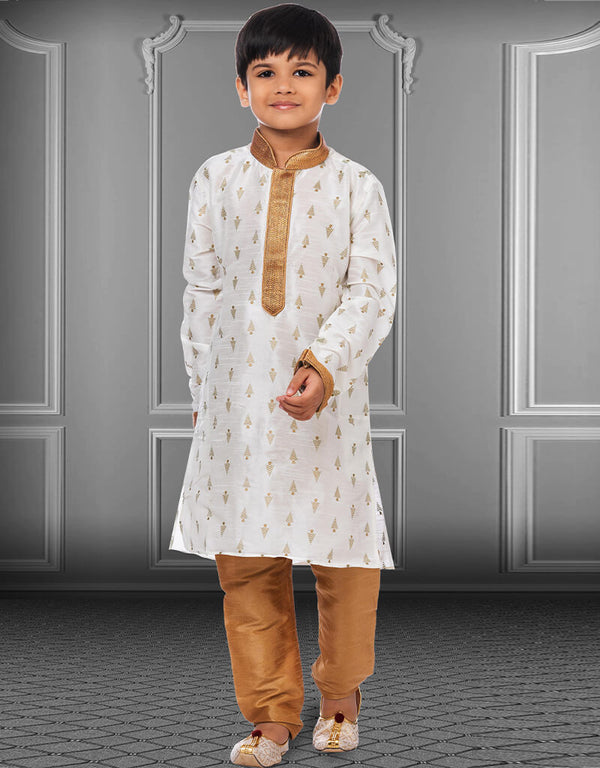 White Kurta Pajama Printed Dhupion Silk