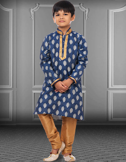 Blue Kurta Pajama Jacquard Silk