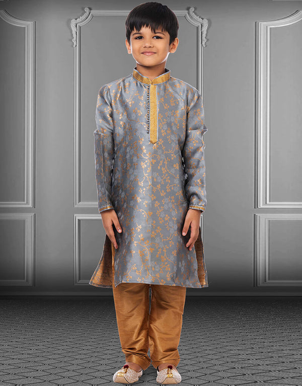 Gray Kurta Pajama Jacquard Silk