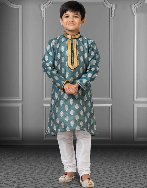 Teal Kurta Pajama Jacquard Silk