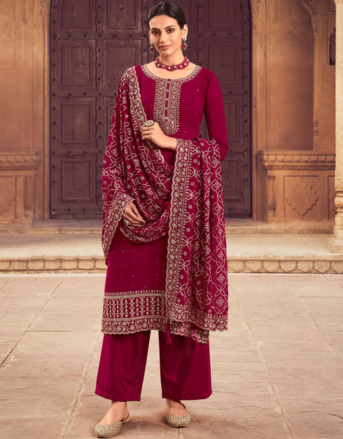 Wine Red Pant style Salwar Kameez Georgette Salwar Kameez in Embroidery, Sequins & Lace Work