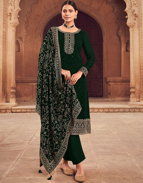 Palm Green Pant style Salwar Kameez Georgette Salwar Kameez in Embroidery, Sequins & Lace Work