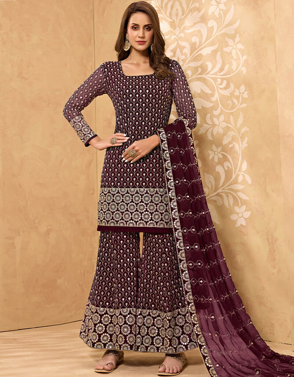 Wine Georgette Sharara Suit