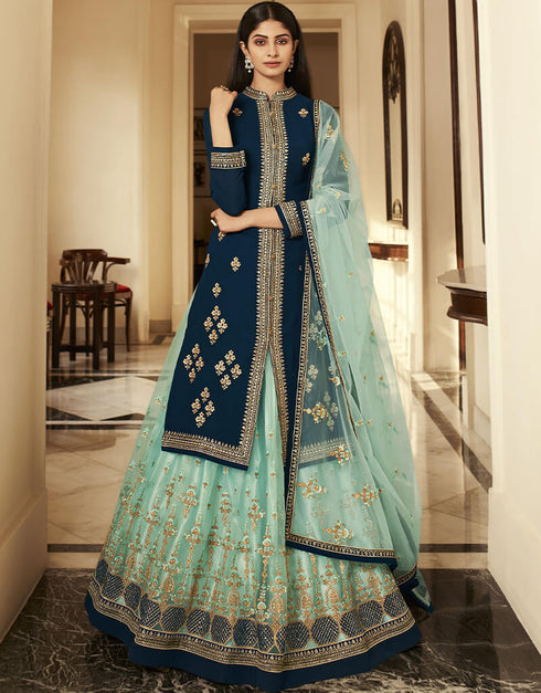Teal Blue Blooming Faux Georgette Lehenga Suit