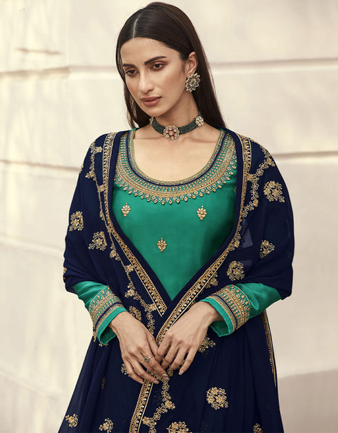 Green Blooming Faux Georgette Lehenga Suit Closure View