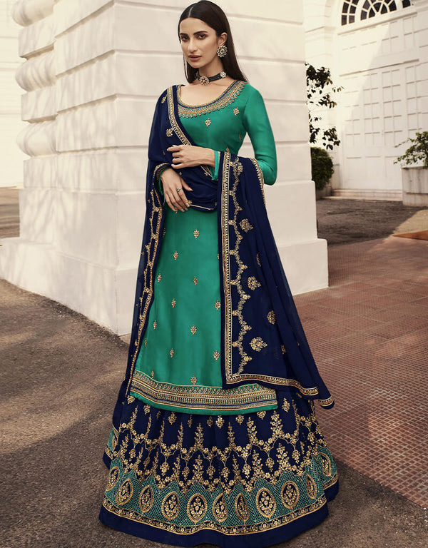 Green Blooming Faux Georgette Lehenga Suit