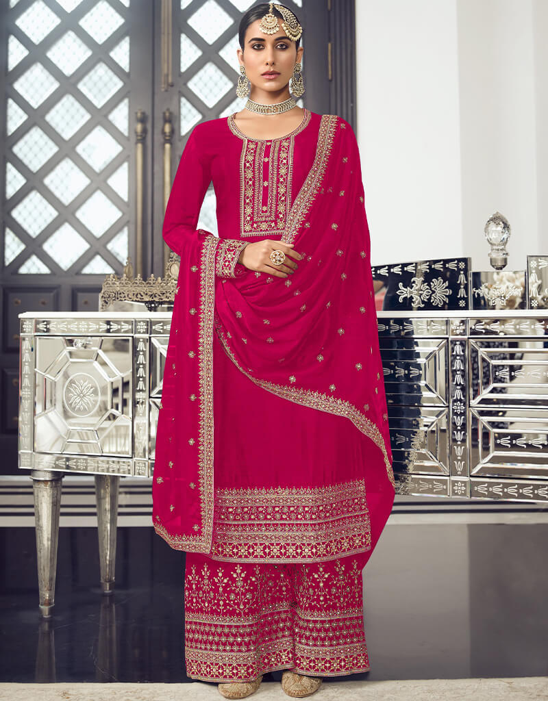 Pink Palazzo Style Salwar Suit With Heavy Embroidery Work main image 1