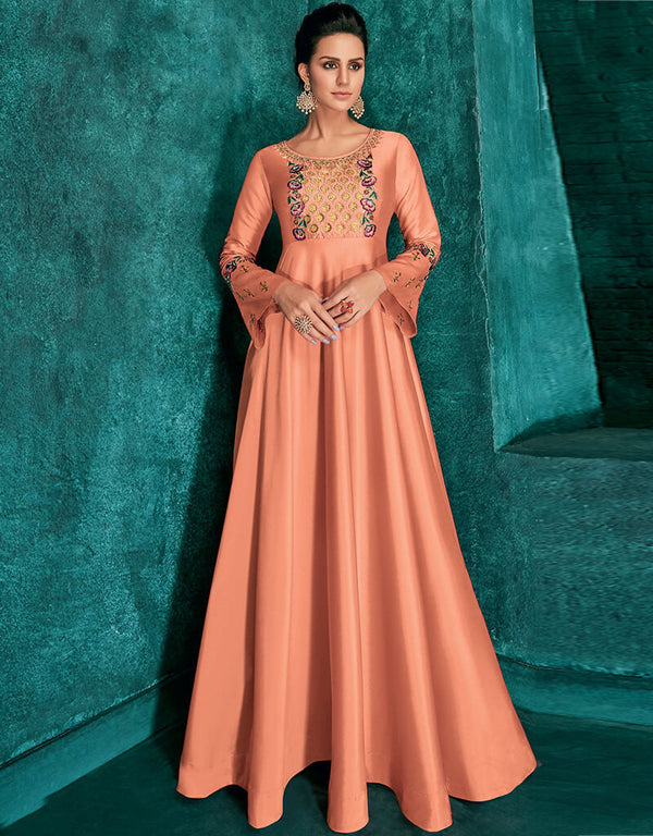 Peach Designer Party Wear Triva Silk Readymade Gown