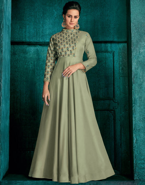 Greenish Grey Designer Party Wear Triva Silk Readymade Gown