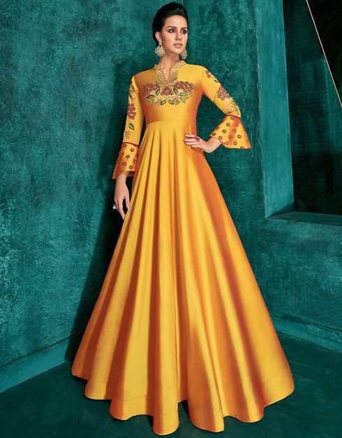 Yellow Designer Party Wear Triva Silk Readymade Gown