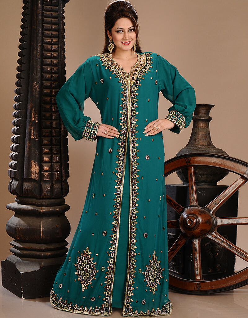 Dubai Green Georgette Pearl Embroidery Kaftan