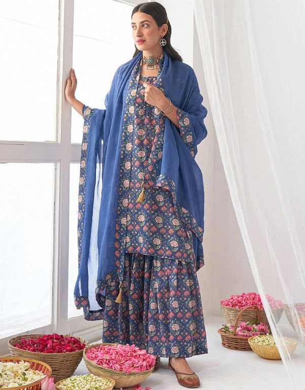 Blue Muslin Sharara Suit