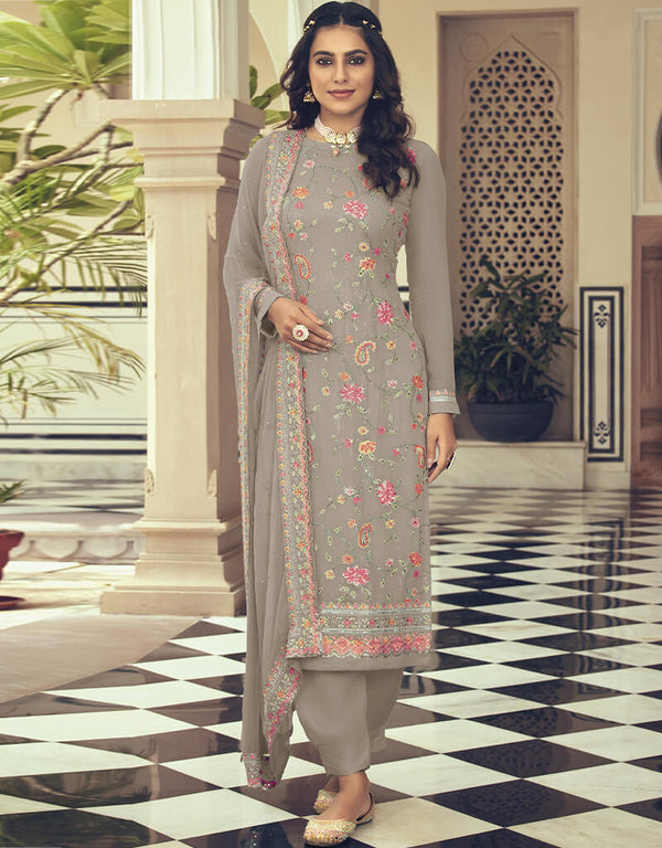 Beige Fox Georgette Pant Salwar Suit