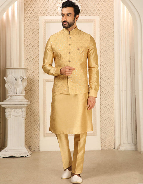 Gold Kurta Art Embroidered Banarasi Silk Aligadhi Pant