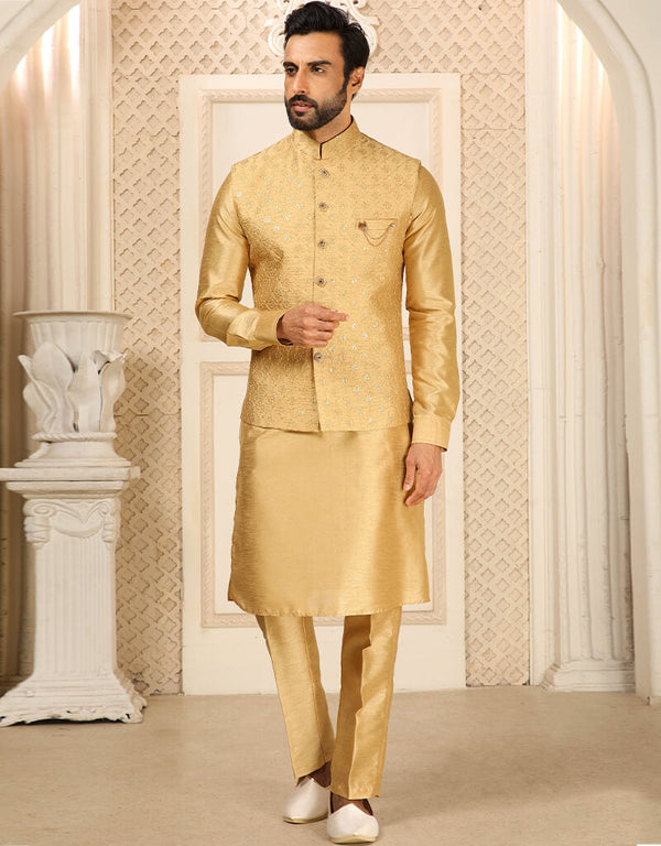 Gold Kurta Art Embroidered Banarasi Silk Aligadhi Pant