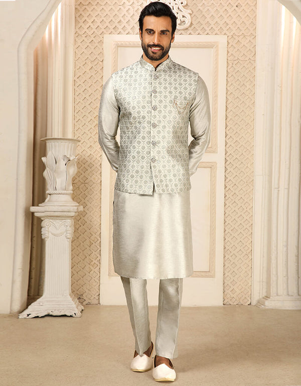 Grey Kurta Art Embroidered Banarasi Silk Aligadhi Pant