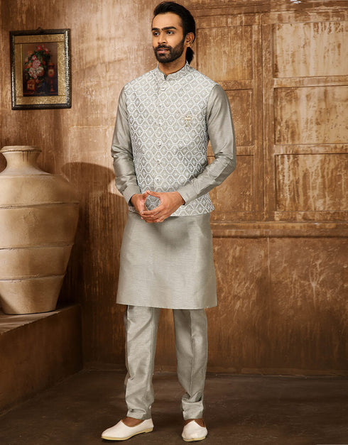 Grey Kurta Art Embroidered Banarasi Silk Aligadhi Pant