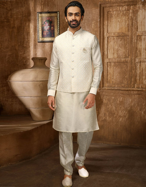 Cream Kurta Art Embroidered Banarasi Silk Aligadhi Pant