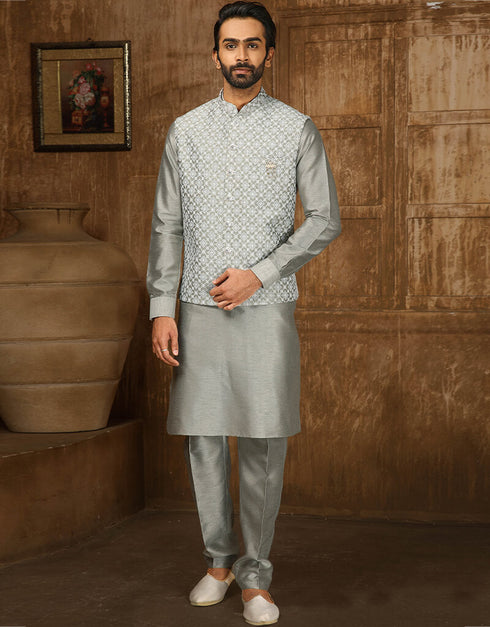 Grey Kurta Art Embroidered Banarasi Silk Aligadhi Pant