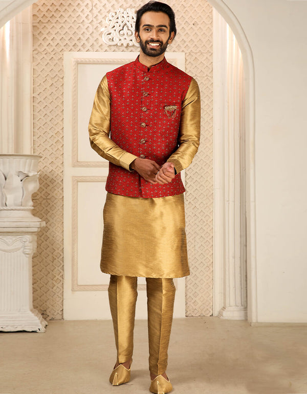 Gold Kurta Art Embroidered Banarasi Silk Aligadhi Pant