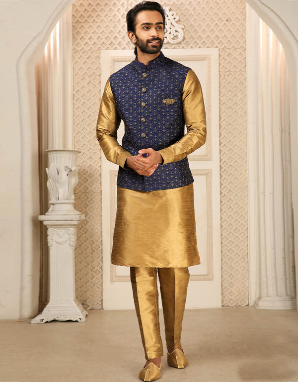 Gold Kurta Art Embroidered Banarasi Silk Aligadhi Pant