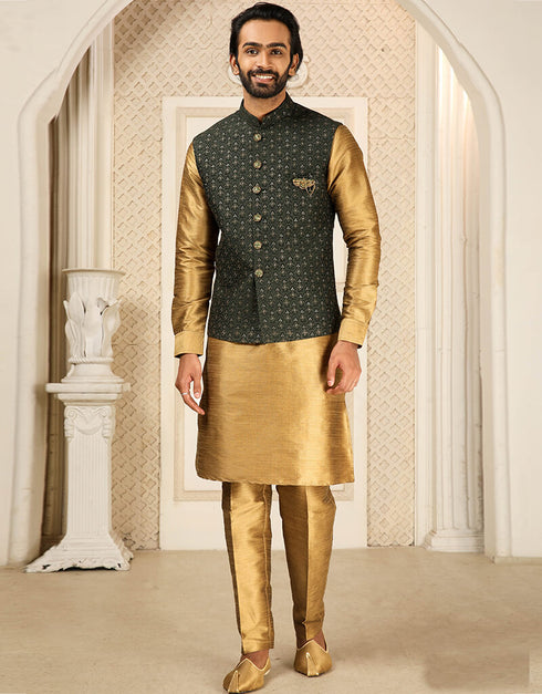 Gold Kurta Art Embroidered Banarasi Silk Aligadhi Pant