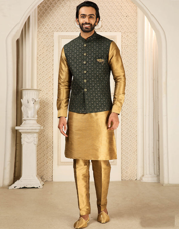 Gold Kurta Art Embroidered Banarasi Silk Aligadhi Pant