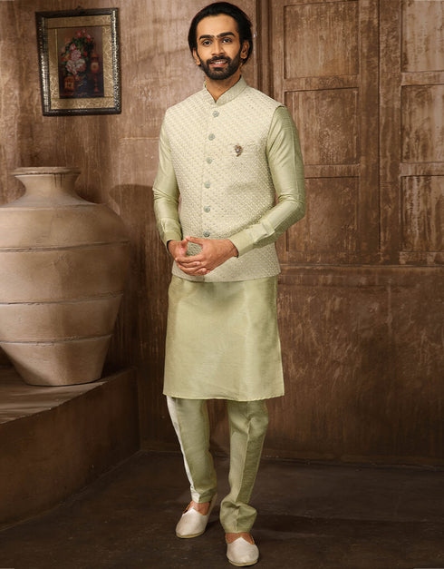 Pista Green Kurta Art Embroidered Banarasi Silk Aligadhi Pant