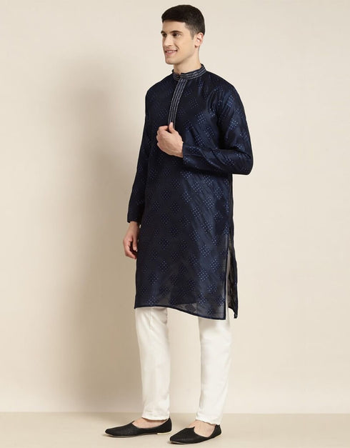 Navy Blue Kurta Jacquard Silk Pant Closure View
