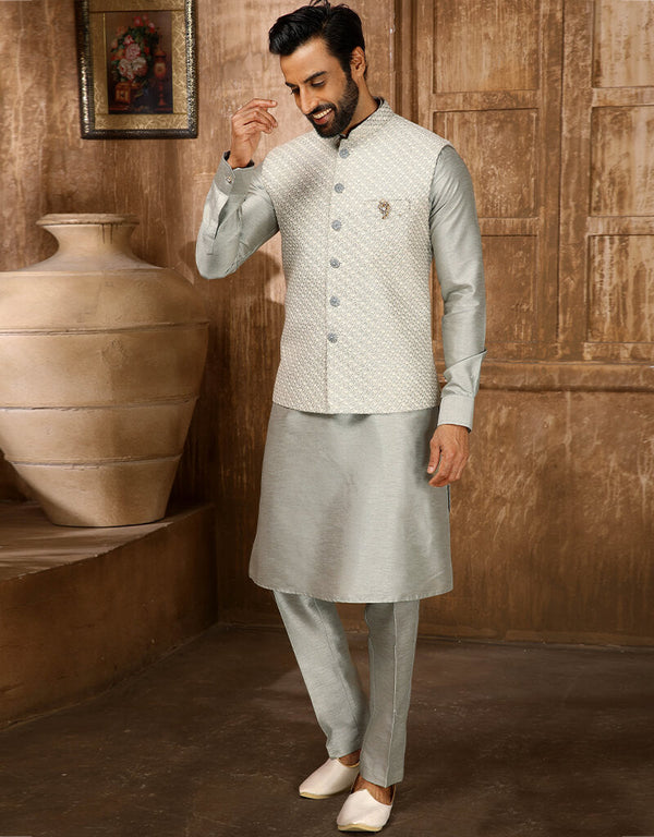 Grey Kurta Art Embroidered Banarasi Silk Aligadhi Pant