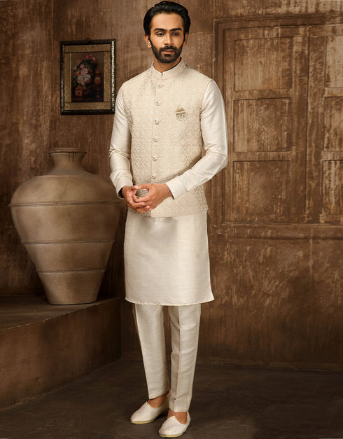 Cream Kurta Lucknowi Aligadhi Pant