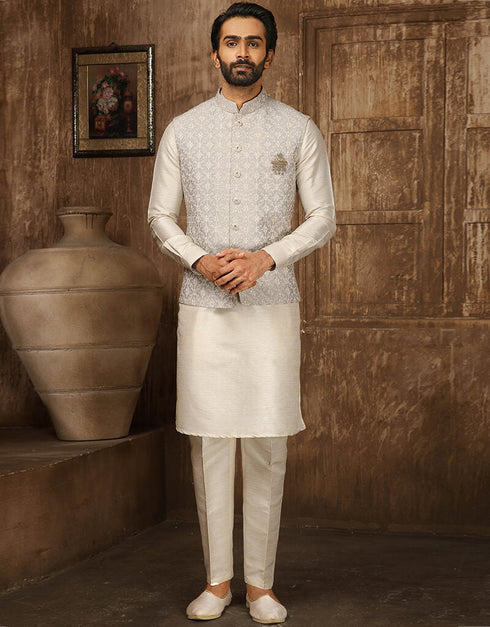 Cream Kurta Lucknowi Aligadhi Pant