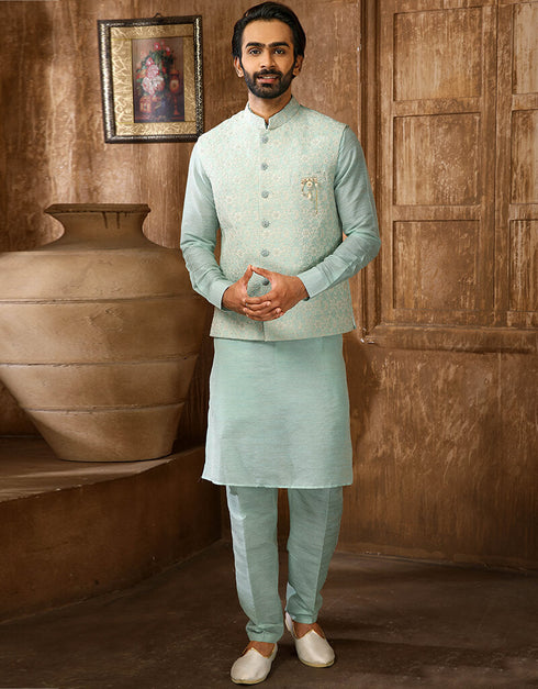 Firozi Kurta Art Embroidered Banarasi Silk Aligadhi Pant