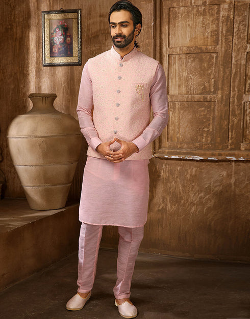 Pink Kurta Art Embroidered Banarasi Silk Aligadhi Pant