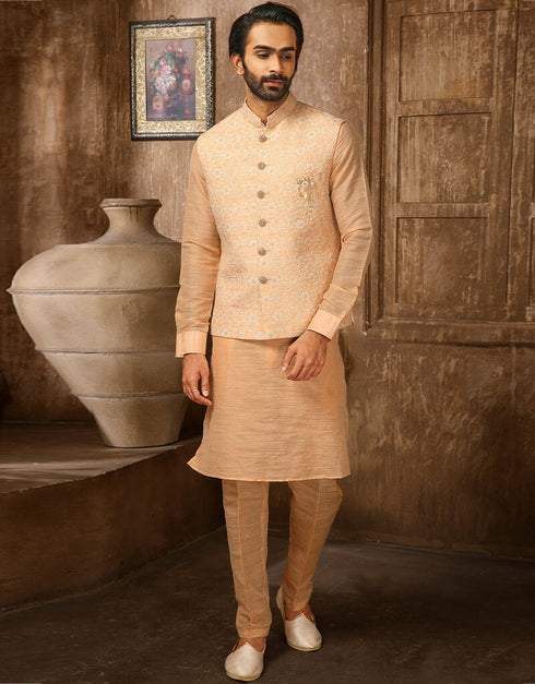 Peach Kurta Art Embroidered Banarasi Silk Aligadhi Pant