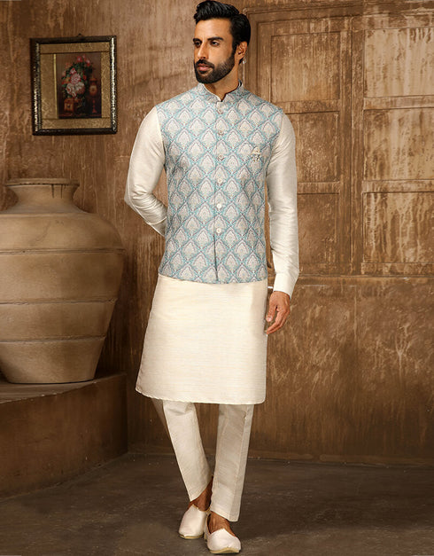 Cream Kurta Digital Print With Single Thread Work Aligadhi Pant