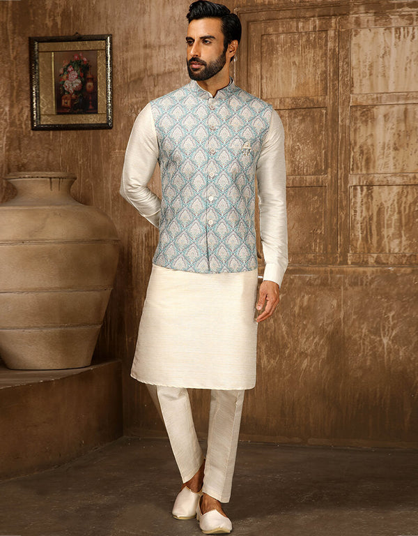 Cream Kurta Digital Print With Single Thread Work Aligadhi Pant