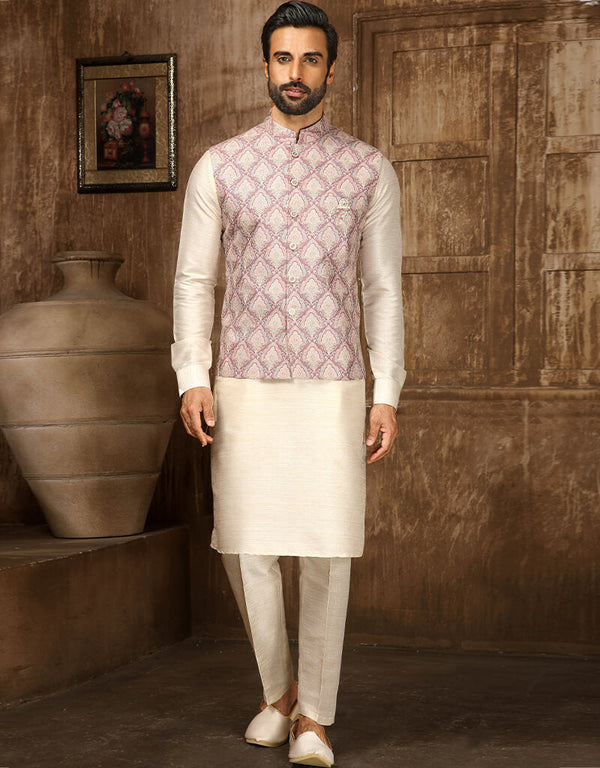 Cream Kurta Digital Print With Single Thread Work Aligadhi Pant