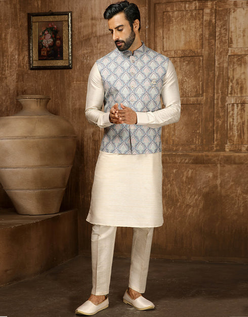 Cream Kurta Digital Print With Single Thread Work Aligadhi Pant