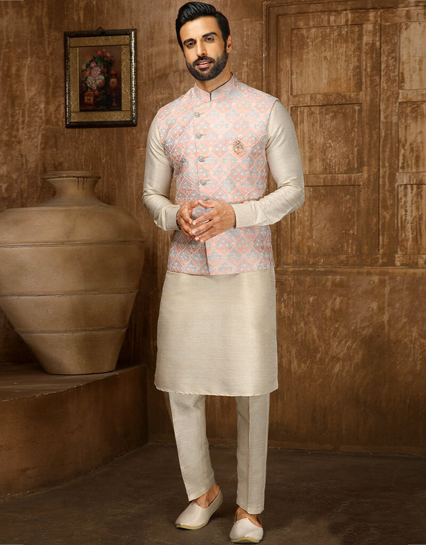 Cream Kurta Digital Print With Single Thread Work Aligadhi Pant