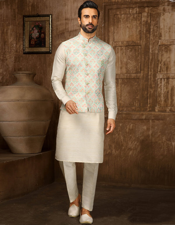 Cream Kurta Digital Print With Single Thread Work Aligadhi Pant