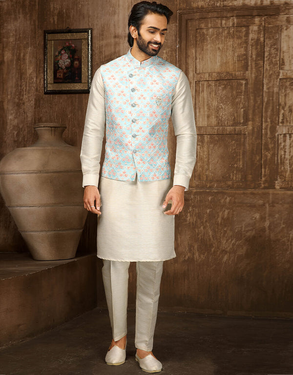 Cream Kurta Digital Print With Single Thread Work Aligadhi Pant